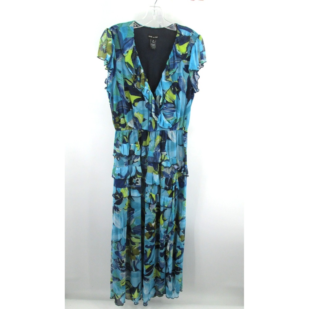 KATE AND LILY Blue Floral Mesh Tiered Ruffled Maxi Dress Womens 14 Cottagecore
